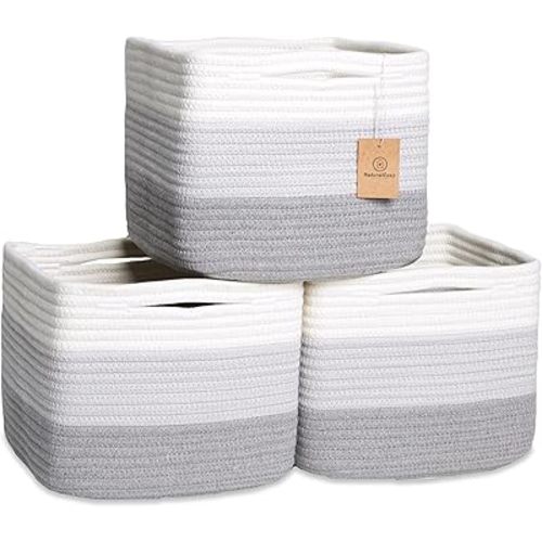 NaturalCozy Storage Cubes 9”x9”x7”Cotton Rope Woven Baskets for Organizing 3-Pack | 9 Inch Cube Storage Bin | Small Basket for Shelf Nursery, Pantry, Decorative Plant, Bathroom Closet, Toy Gift