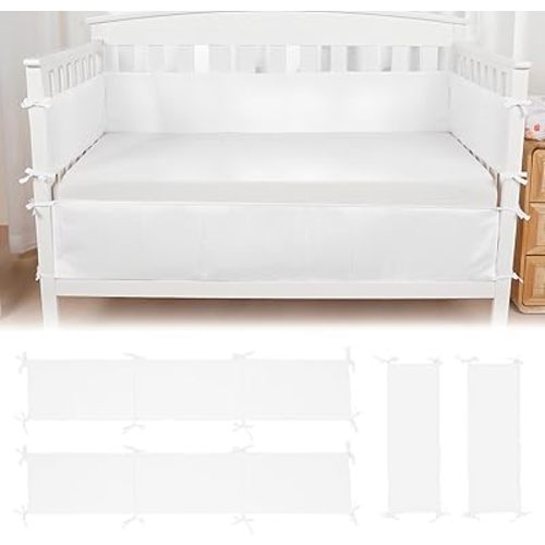 4 Sides Bumpers Cushioned Padded Protector Crib Breathable Mesh Liner for Sides Padded Covers（51IN*2+27IN*2White）