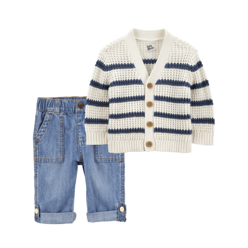 Baby 2-Piece Striped Sweater Knit Cardigan & Roll-Up Cuff Jeans Set | Carter's