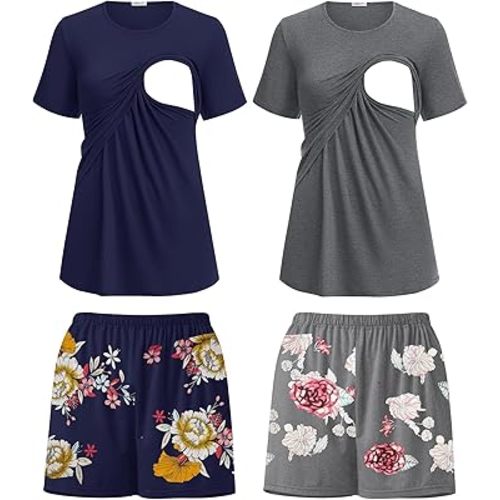 Ekouaer 2 Pack Women's Nursing Pajamas Set Double Layer Maternity Pjs Postpartum Loungewear Set Breastfeeding Tops & Shorts