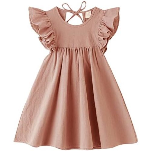 LYXIOF Toddler Baby Girl Cotton Linen Dress Ruffle Sleeve Halter Sleeveless Kids Casual Dresses