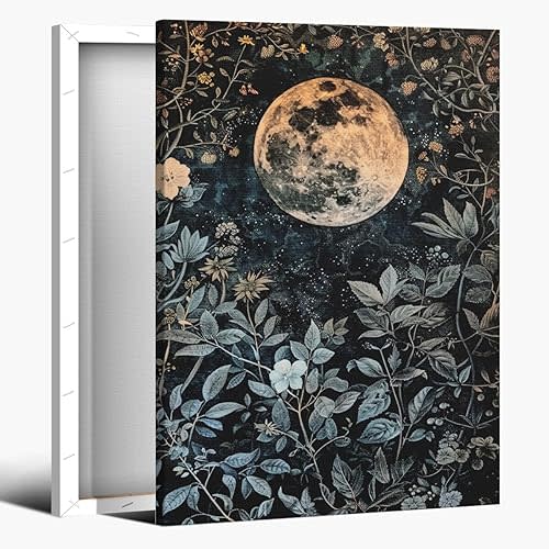 Vintage Moon Eclipse Poster William Morris Wall Art Retro Farmhouse Mid Century Botanical Cottagecore Dark Academia Decor Canvas Prints Gothic Decor Posters for Office Bedroom Living Room 16x24inch Framed