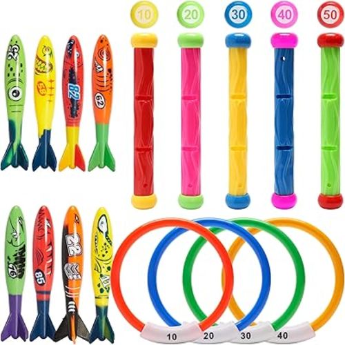 PARENTSWELL 17 Pcs Pool Diving Toys for Kids Adults, Swimming Pool Toy Set Includes 8 Dive Torpedos, 5 Diving Sticks & 4 Diving Rings for Swim Pool Games, Water Fun Games