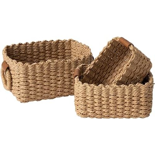 LA JOLIE MUSE Small Wicker Baskets for Organizing, Recycled Paper Rope Storage Basket Container Bins for Shelves Bathroom Cupboards Drawer, Decorative Square Basket Organizer Set of 3