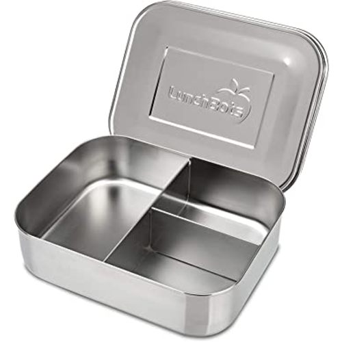 LunchBots Medium Trio II Snack Container - Divided Stainless Steel Food Container - Three Sections for Snacks On the Go - Eco-Friendly, Dishwasher Safe, BPA-Free - Stainless Lid - Stainless Steel