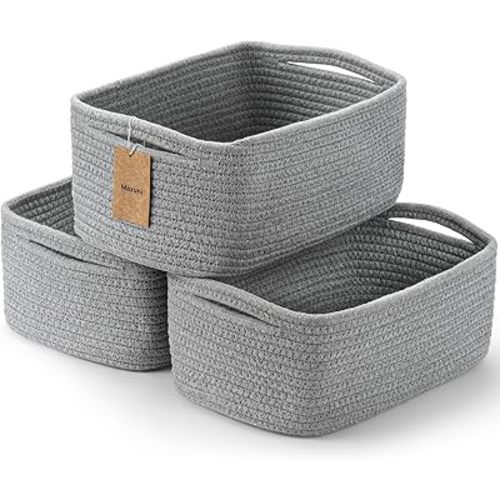 3-Pcs Shelf Baskets for Organizing, Closet Organizer Bins, Small Woven Baskets, Rope Toy Basket, Storage Basket for Shelves, Cube Decorative Box, 11.8×7.8×5.1”, Grey
