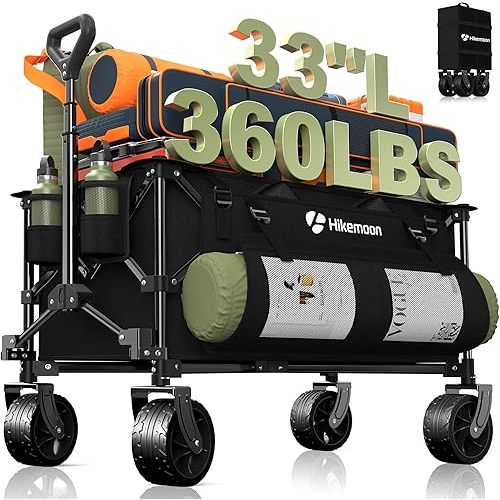 150L Collapsible Wagons Carts Foldable, 360LBS Heavy Duty Folding Beach Cart with Big All-Terrain Wheels, Portable Utility Wagon for Grocery, Shopping, Garden, Sports, Camping, Black