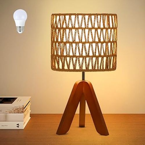 Tripod Table Lamp With Bulb, Small Boho Desk Lamp For Bedroom With Rattan Fabric Lampshade, Cute Bedside Lamp For Night Stand, Mini Side Table Lamp For Living Room, Rattan Nightstand Lamp, Tripod Lamp