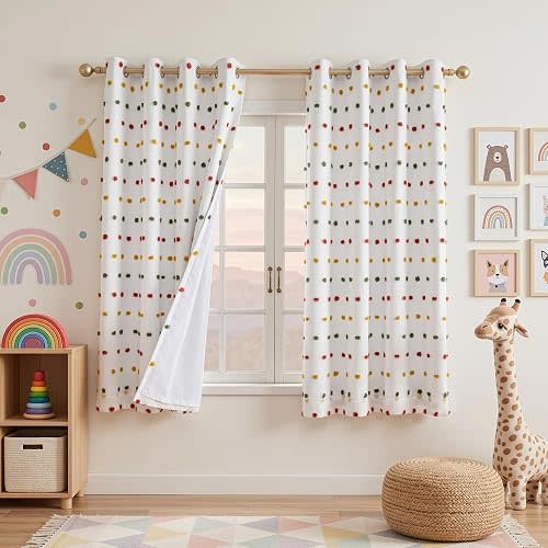 MEETSKY Kids Blackout Curtains for Girls Bedroom 63 Inches Long Rainbow Yellow Red Green Pom Pom Curtains for Nursery 2 Panels Small Window Curtains with 2 Layered Room Darkening Grommet,52 x 63 Inch