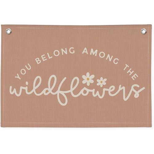 Girls Room Decor, Wildflower Baby Girl Nursery Decor, Baby Shower Pink Linen Canvas Banner, You Belong Among The Wildflowers Wall Hanging Banner Flag 20x30 Inch
