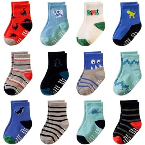 Toddler Non Slip Grips Socks Kids Anti Skid Baby Boys Girls Cotton Crew Socks 12 Pairs