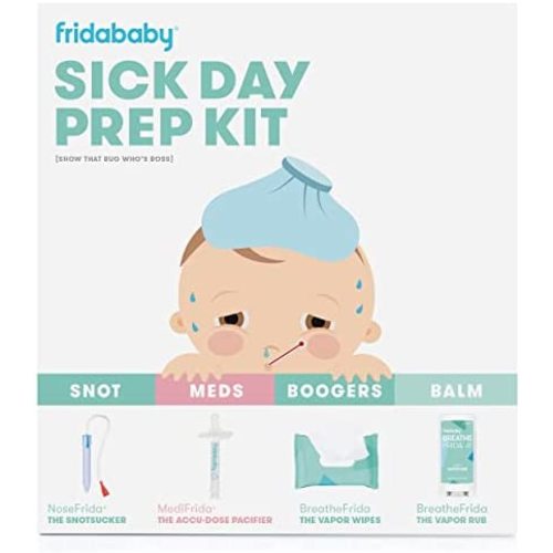 Baby Sick Day Prep Kit by FridaBaby - Includes NoseFrida Nasal Aspirator, MediFrida Pacifier Medicine Dispenser, Breathefrida Vapor Chest Rub + Snot Wipes. Soothe Stuffy Noses for Babies with A Cold