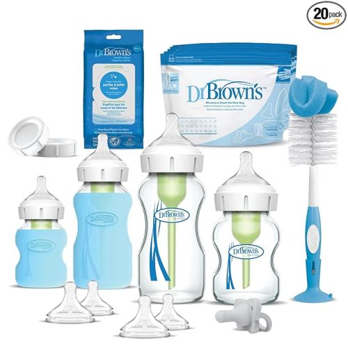 Dr. Brown's Natural Flow Anti-Colic Options+ Wide-Neck Glass Baby Bottle Starter Set with 100% Silicone Glass Bottle Sleeves, Baby Bottle Brush, HappyPaci Pacifier & Pacifier and Bottle Wipes, 0m+