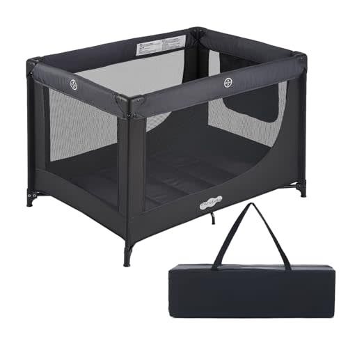 Pamo Babe Compact Pack and Play - Portable Crib for Baby, Lightweight Foldable Travel Playard with Mattress Pad & Carry Bag, Safe Breathable Travel Bed for Home, Trips & Family Visits, Black