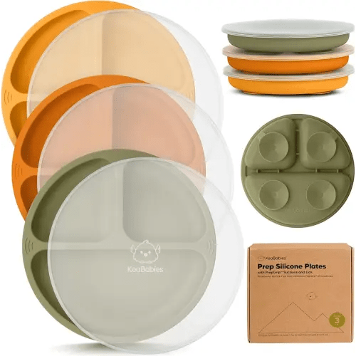 KeaBabies Suction Plates with Lids for Baby - 3-Pack 100% Silicone Toddler Plates with Suction, Divided, BPA-Free Baby Led Weaning Essentials for Kids, Dishwasher, Microwave Safe, Durable (Harvest)