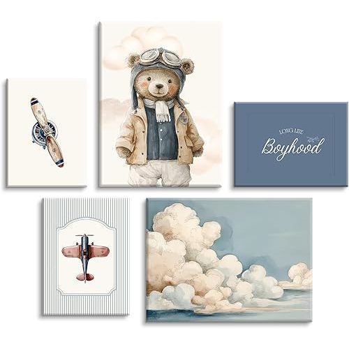 Teddy Bear Nursery Wall Art Decor Vintage Boy Room Pictures Baby Boy Nursery Canvas Wall Decor Blue Vintage Airplane Poster Kids Travel Aviation Prints for Playroom Bedroom 12x16x5 Inch Wrapped Canvas