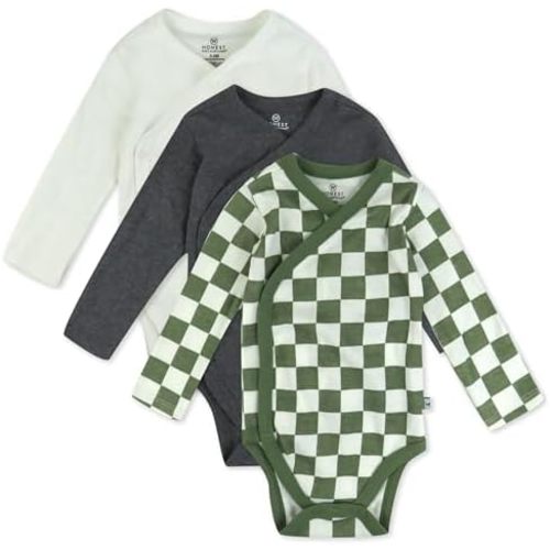 HonestBaby unisex-baby 3-pack Long Sleeve Side-snap Kimono Bodysuits Organic Cotton for Infant Baby Boys, Girls, Unisex