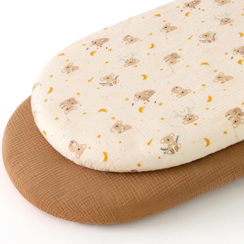 Muslin Bassinet Sheets 100% Cotton Neutral Baby Bassinet Cover for Boys Girls Unniversal Fitted for Rectangle Oval Hourglass Mattress/Pad 2 Pack Brown
