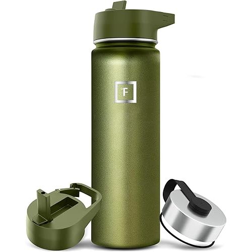 IRON °FLASK Camping & Hiking Hydration Flask with 3 Lids - Stainless Steel, Double Walled & Vacuum Insulated Water Bottle - Leak Proof & BPA Free (Emerald Chrome, Straw - 22 oz)