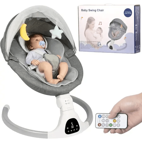 Electric Baby Swing for Infants, with Bluetooth Remote Control Timing Function and 10 Music 5 Swing Speeds 3 Seat Positions Baby Bouncer for Boy Girl Indoor & Outdoor Use (Gray)