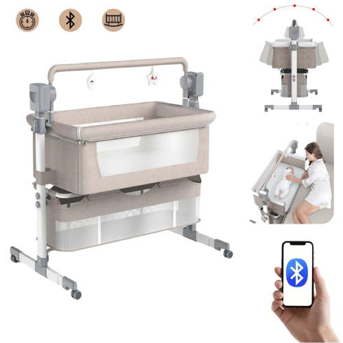 Portable Baby Bassinet Bedside Sleeper with Wheels,Storage,Height Adjustable for Newborns/Babies/Infants(Bluetooth Enabled),Unisex,Khaki