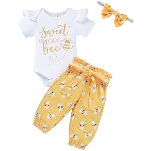 GRNSHTS Infant Baby Girl Bumble Bee Clothes Letter Print Romper Honey Bees Pants Bowknot Headband Outfits Set