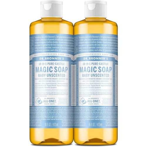Dr. Bronner's Pure-Castile Magic Liquid Soap (Baby Unscented, 16 Ounce, 2-Pack)- Made with Regenerative Organic Certified Oils, For Face, Hair, Hand & Body Soap, Laundry, Pets- Concentrated, Vegan