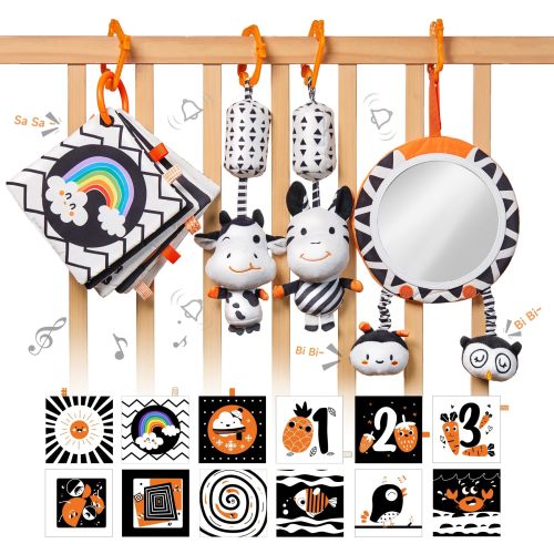 Tumama Black And White Baby Toys, High Contrast Baby Tummy Time Toys, Newborn Soft Books Mirror Rattles, Montessori Sensory Toys 0-12 Months, Hanging Infant Toys For Carseat Stroller Play Mat Crib