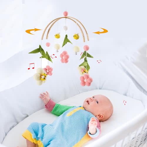Baby Mobile Crib Wooden Wind Chime Bed Bell,Neutral Baby Crib Mobile,Baby Mobile for Crib,Handmade Baby Mobile, Pink Bee Baby Ceiling Mobile Baby Nursery Decoration(Baby Mobile Holder not Included)