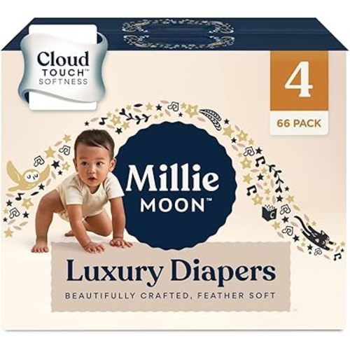 Millie Moon Luxury Diapers - Size 4 (22-33lbs), 66 Count, CloudTouch Ultra Soft Diapers, Up to 12hr Absorbency, Double Leak Guard and Wetness Indicator