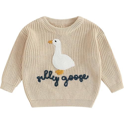 Toddler Baby Boy Girl Knit Sweater Silly Goose Embroidery Long Sleeve Knitted Sweatshirt Warm Fall Winter Clothes