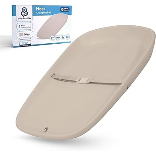 Baby Proof Me Nest Baby Changing Pad with Adjustable Safety Belt - 100% Waterproof, Non-Slip Diaper Changing Pad for Dresser & Table Topper - Easy to Clean, Lightweight & Comfortable EVA Foam (Beige)