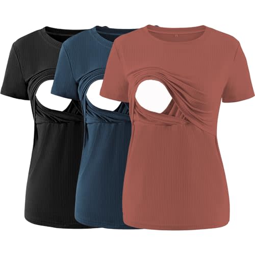 Liu & Qu Women's Maternity Nursing Tops Rib Short Sleeve Breastfeeding Shirts Maternity Clothes 3-Pack