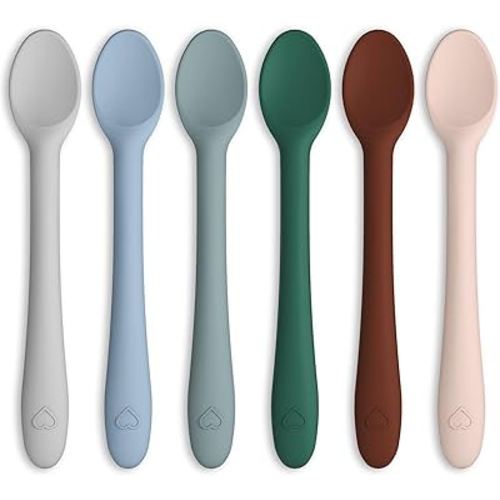 KingKam Silicone Baby Spoons 6 Pack, First Stage Infant Spoons Utensils for Parent & Self-Feeding, Bendable Toddles Training Spoons with Soft-Tip, Dishwasher Safe & Boil-proof