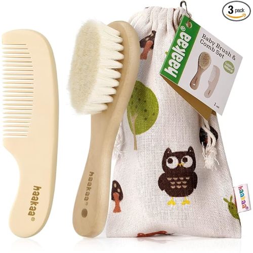 haakaa Wooden Baby Hair Brush&Comb Set,Infant Baby Brush,Super Soft Bristle,Ideal for Cradle Cap - 2 PCS