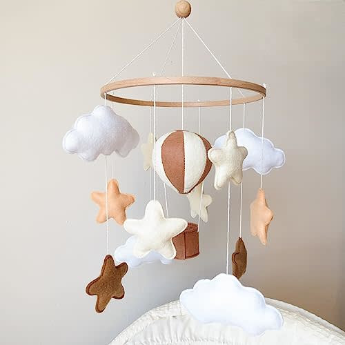 Goukurlsma Neutral Hot Air Balloon Baby Mobile for Crib, Stars and Clouds, Neutral Nursery Decor
