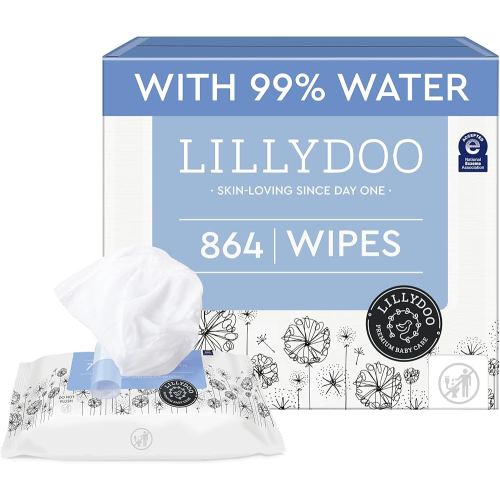 LILLYDOO Baby Wipes with 99% Water – Unscented, Hypoallergenic, Plant-Based, Strong & Plastic-Free, Compostable, 12 resealable Packs x 72 (864 Wipes Total)