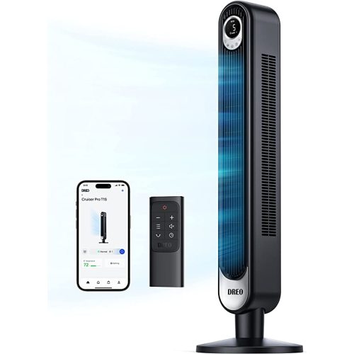 DREO Smart Tower Fan for Bedroom, Floor Standing Bladeless Oscillating Fan with Remote, 9 Speeds, 4 Modes, 12H Timer, for Indoor Bedroom Home Office, WiFi Voice Control