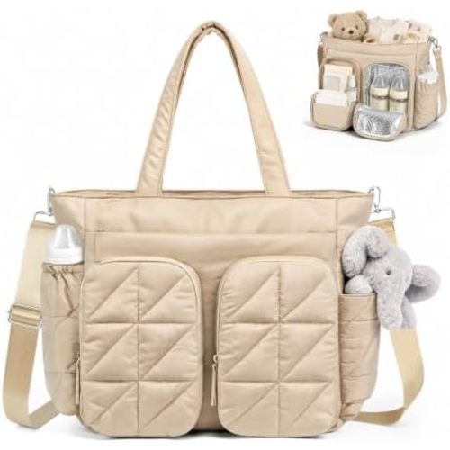 TOPEAST Diaper Bag Tote, Quilted Puffer Baby Bag with Insulated Pockets, Lightweight Hospital Bag for Mom & Dad, Travel, Work