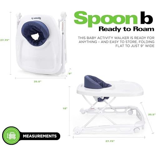 Joovy Spoon B Baby Walker & Activity Center Featuring Super-Sized Tray with Dishwasher-Safe Insert, Ultra-Wide Base, Three Adjustable Heights, and Rear-Wheel Parking Brake (Slate)