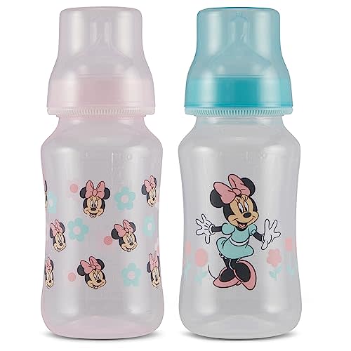 Disney Minnie Mouse Baby Bottles 11 oz for Boys or Girls | 2 Pack of Infant Hourglass Shaped Bottles with Cover for Newborns and All Babies | BPA-Free Plastic Baby Bottle for Baby Shower