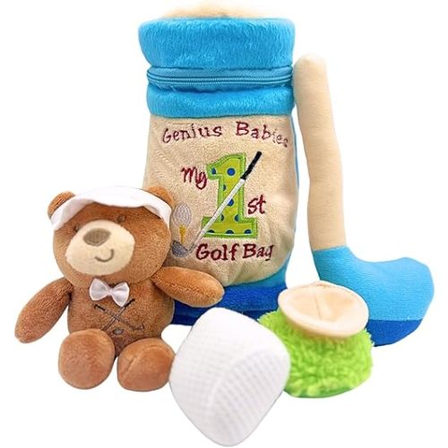Genius Baby Toys - 9" The Original Baby Golf Toy with Teddy Bear, Blue Plush Golf Club, Embroidered with 'My 1st Golf Bag', Lightweight, Perfect Size Golf Toy for Small Hands, Unique