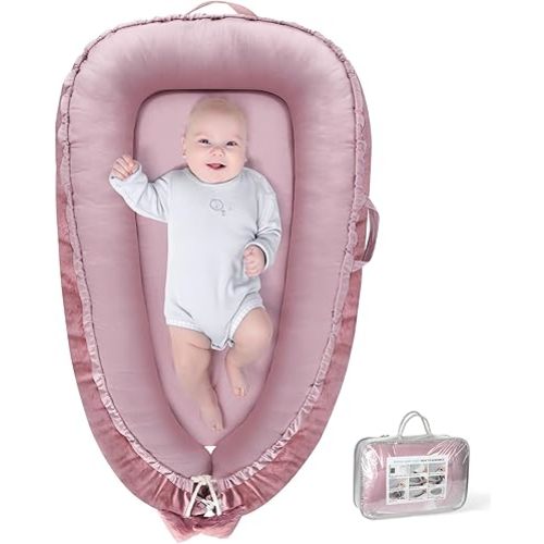 Baby Lounger - Baby Lounger for Newborn 0-24 Months, Breathable & Soft Cotton and Velvet Cover Co Sleeping Baby Nest, Baby Essentials & Shower Gifts, Portable Infant Lounger for Home and Travel