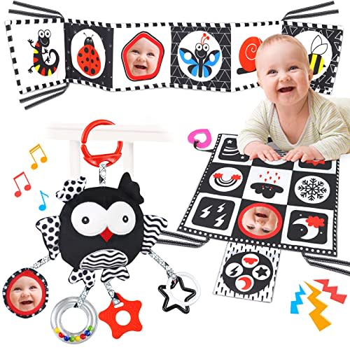 Black and White High Contrast Baby Toys 0-6 Months with Mirror, Crinkle and Rattles, Soft Baby Toys for Brain Development Montessori Sensory Tummy Time Toys Newborn Infant Toys for 0 3 6 9 Months Old