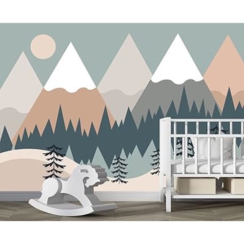 Children's Cartoon Mountain Peak Forest Sun Nursery Wall Mural Wallpaper 137" x 100"