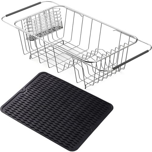 Stainless Steel Dish Drying Rack(15"L X 8.3"W X 5.1"H), Expandable Fruit & Vegetable Drain Rack over Sink, Dish Drainer Rack in Sink, with Stainless Steel Utensil Holder & Silicone Mat(16")