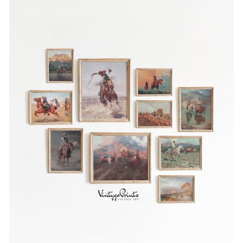 Vintage Cowboy Oil Painting Set: Southwestern Rustic Wall Art (Digital Download) S10-1