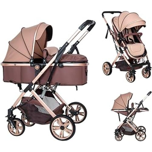 2 in 1 Convertible Baby Stroller Newborn Reversible Bassinet Pram, Foldable Pushchair with Adjustable Canopy Folding High Landscape Infant Carriage, Anti-Shock Toddler Pushchair