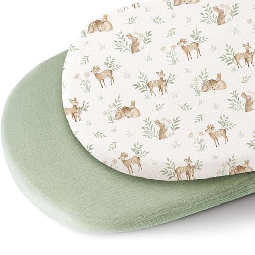 Konssy 2 Pack Muslin Bassinet Sheets for Baby Boy, 100% Cotton Soft Breathable Bassinet Mattress Sheets Fit for Hourglass Oval Cradle Rectangle Mattress (Woodland,Sage)