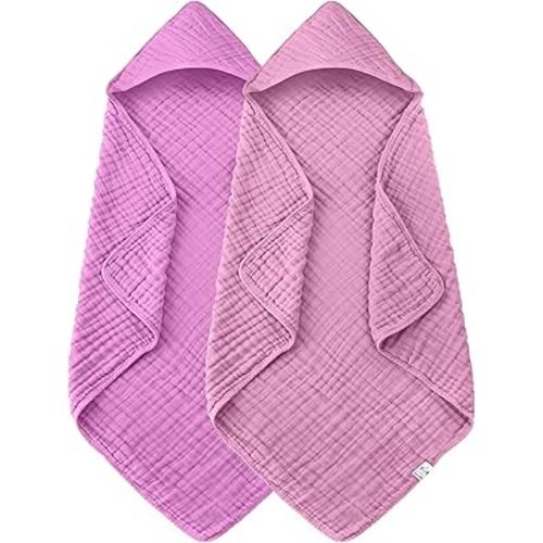 2 Pack Hooded Baby Towels - 100% Muslin Cotton for Newborns, Infants, Toddlers - Large 32x32 Inch Size - Highly Absorbent and Essential for Newborn Care, Deep Sakura